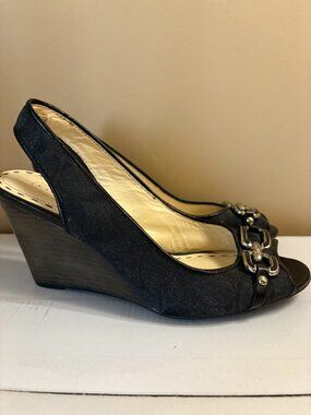 Coach Cynthia Women’s Size 6 Black Leather Peep Toe Wedge Heels